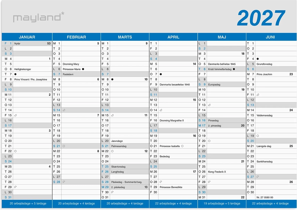 mayland 2027 kontorkalender, klassisk, a5