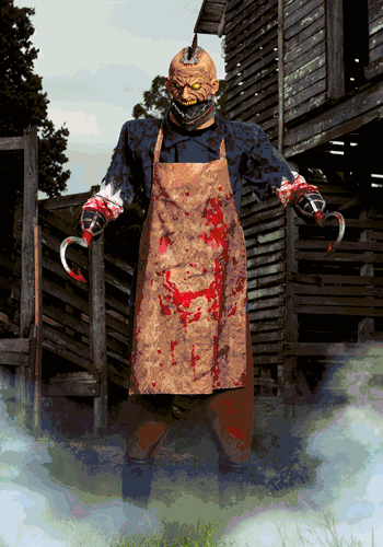 7.5ft animated bloody buzzhead butcher halloween prop | scary halloween decorations