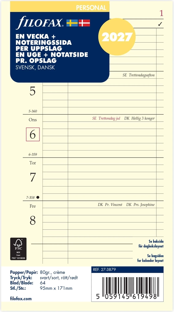 Filofax 2027 Kalender Refill Personal 1 Uge