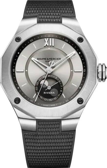 Baume & Mercier Riviera Automatic Moon-Phase 43mm and Rubber Watch, Ref. No. 10681 Men Silver