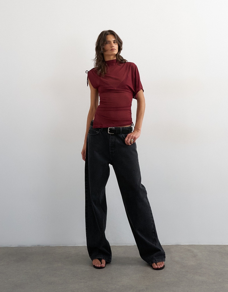 Topshop Tsbianca Mesh ONE Sleeve TOP JRS Kvinde Burgundy Toppe Str XS - Polyester hos Magasin
