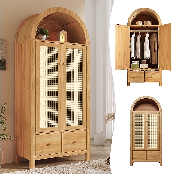 garderobe i flettet rattan - 181 x 78 x 45 cm - landlig stil med egetræsfinish - med hylde + 2 døre + 2 skuffer - træ - natur