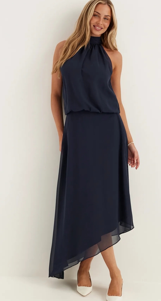 Bubbleroom Asymmetric Chiffon Halterneck Dress - Navy - XS