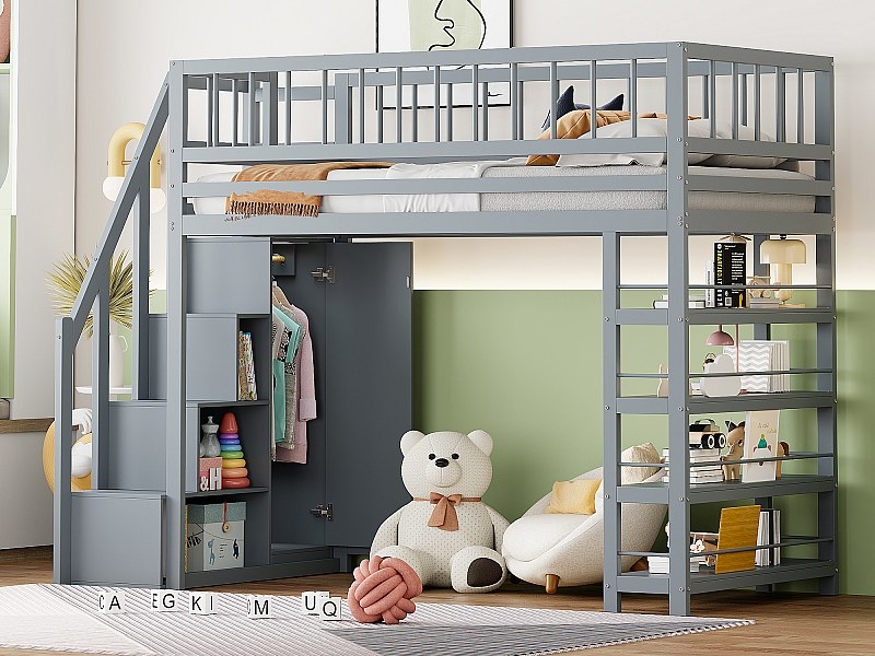 loftseng 90 x 200 cm - hylder + garderobe + opbevaringsplads - massivt træ - grå