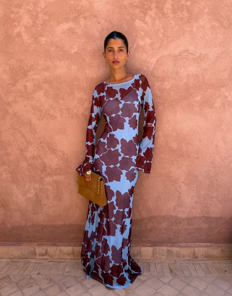 Never Fully Dressed Mesh Long Sleeved Crew Neck Maxi Dress - Multi