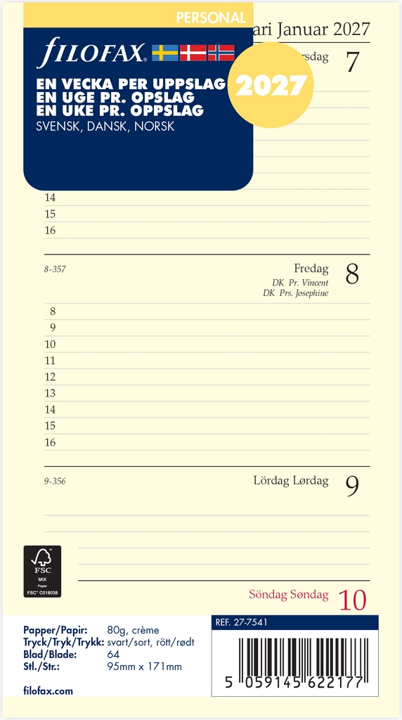 Filofax 2027 Refill Personal 2027 Kalender