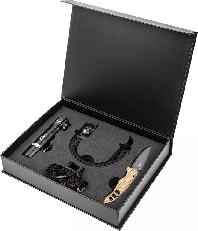neo tools survival sæt 5-i-1 pandelampe, survival armbånd, foldekniv