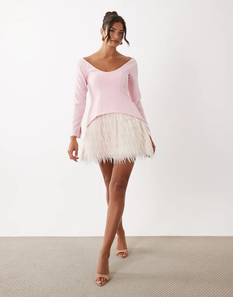 ASOS LUXE - Pink langærmet minikjole med struktur og frynseskørt-Lyserød
