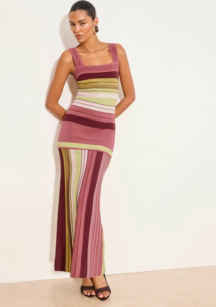 Lipsy Pink Petite Stripe Maxi Knitted Dress - EU 40
