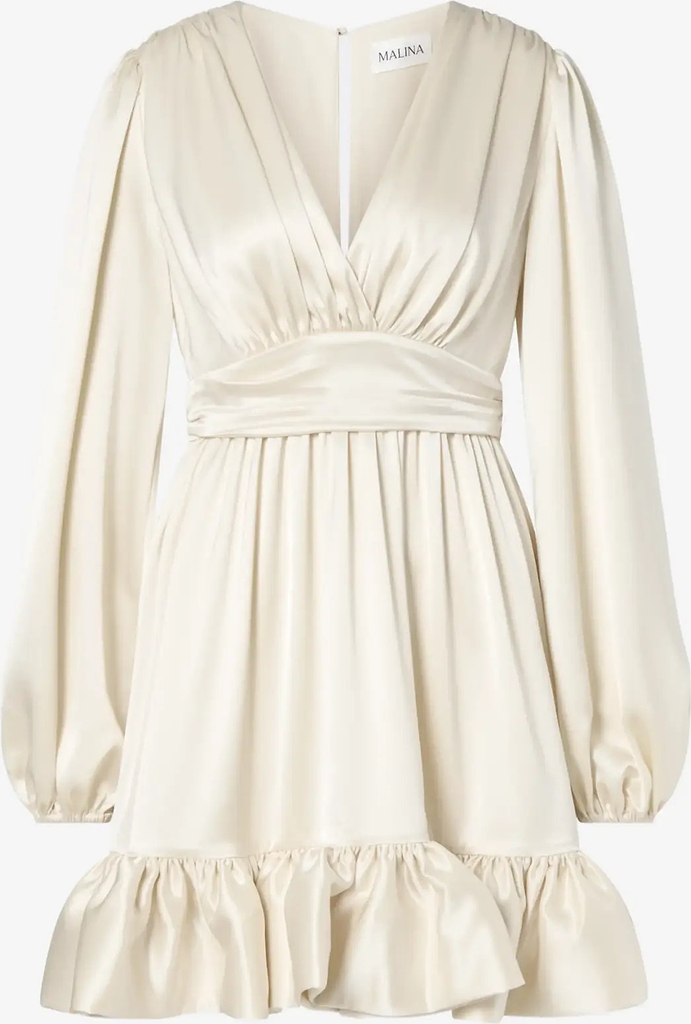 Malina Jadie V-Neck Ruffled Satin Mini Dress - Cream