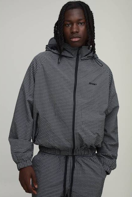 boohooMAN Oversized Boxy Check Hooded Toggle Cagoule - Black