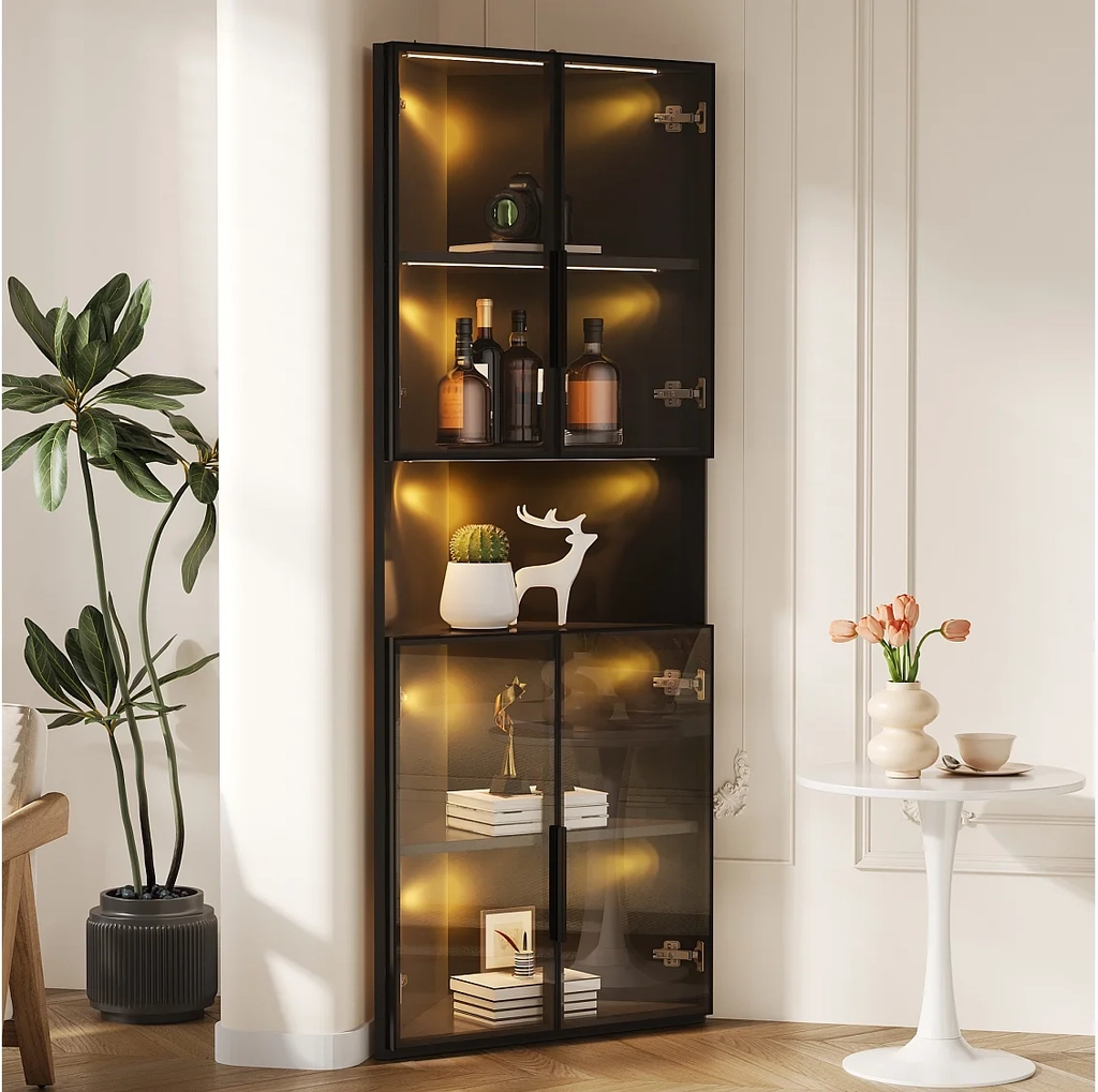 trekantet hjørnevitrineskab med led-belysning og 4 døre - mdf og hærdet glas + mdf - 62 x 32 x 160 cm - sort
