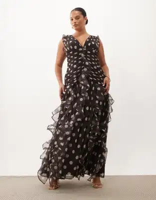 ASOS LUXE Curve maxikjole med rynkedetalje og waterfall-detalje i chokoladeprikket-Brun
