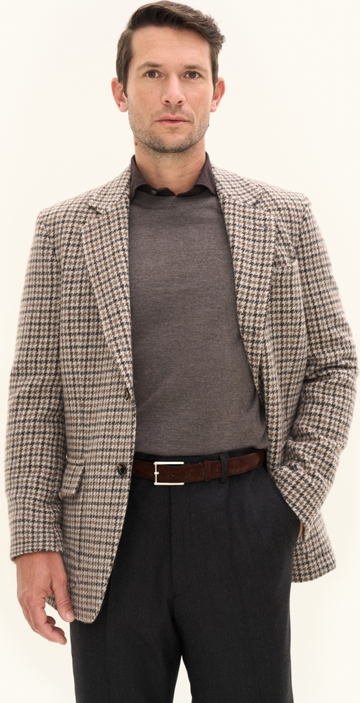 Oscar Jacobson Fridolf Wool Houndstooth Patch Blazer - Brown