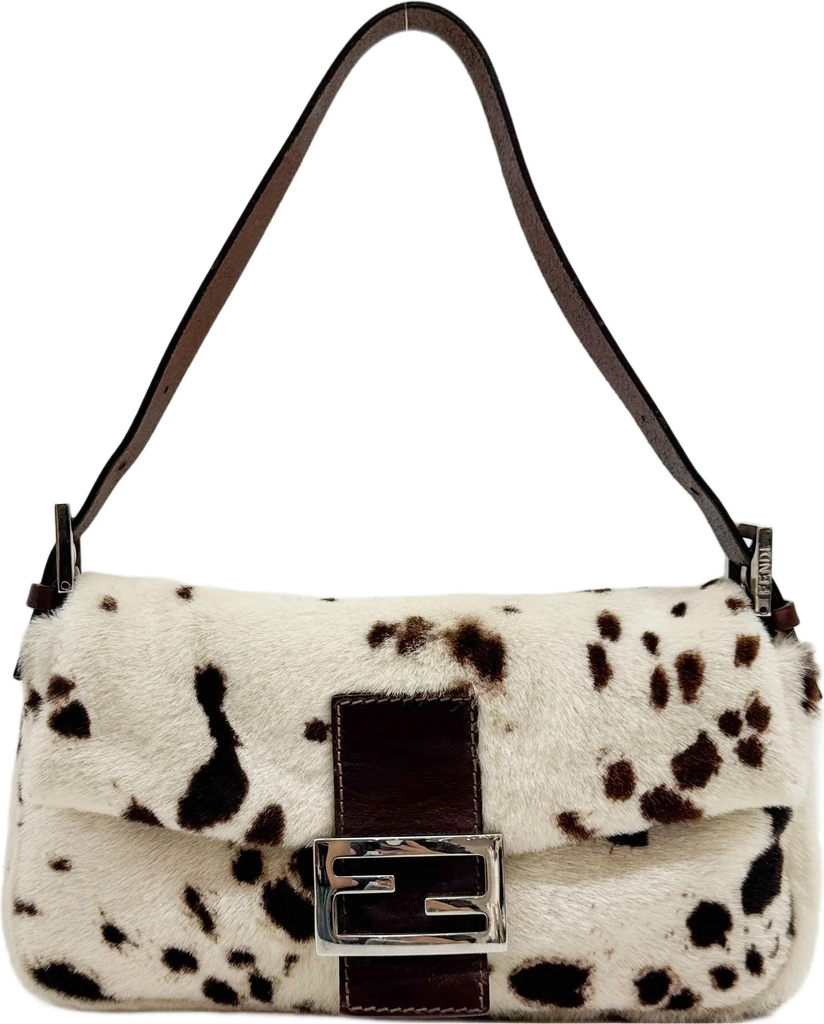 baguette cream and brown dalmation print pony hair shoulder bag