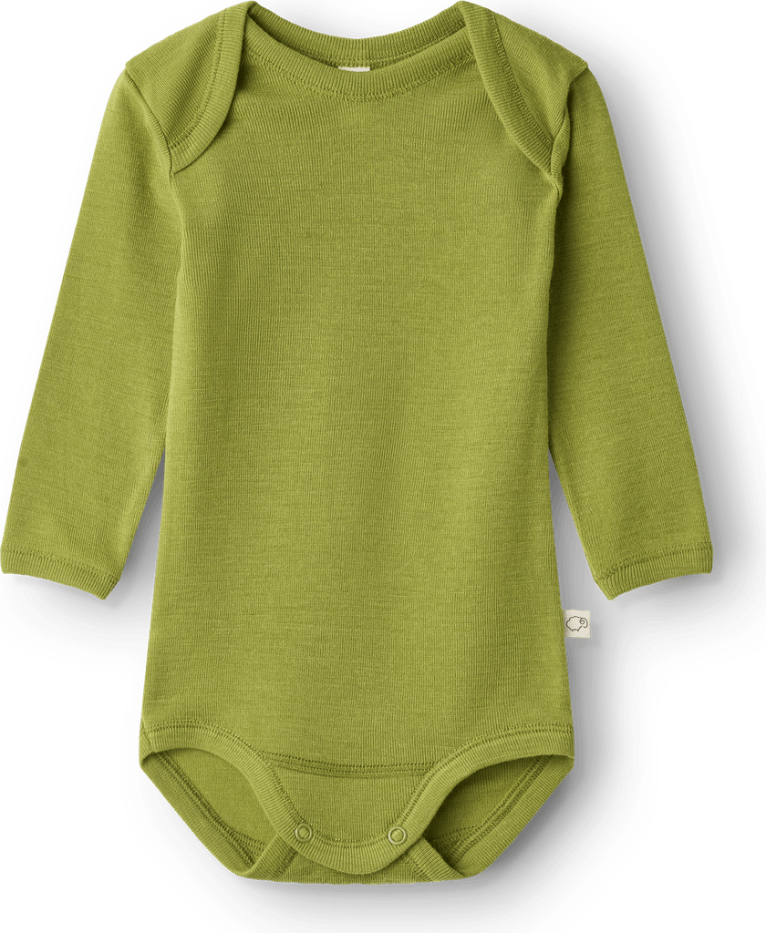 body med lange ærmer i merinould til baby i wasabi