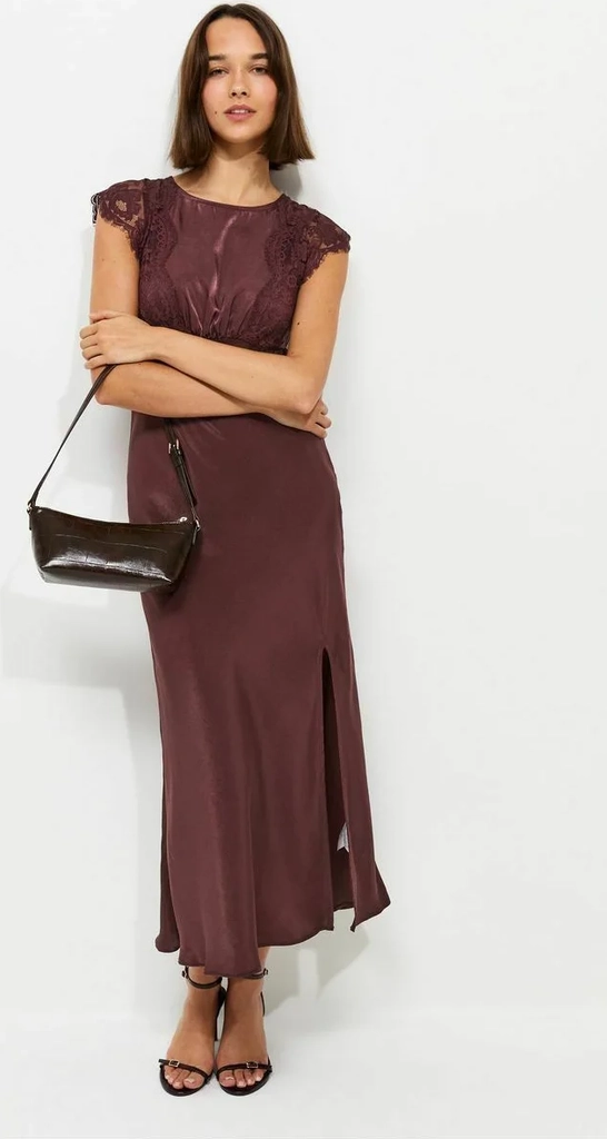 new looksatin lace sleeve split midi dress - gallakjole - burgundy