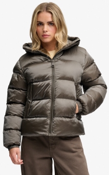 Superdrytil kvinder. W5012187A Glinsende vattereret jakke med hætte, grøn (S), Casual, Polyester