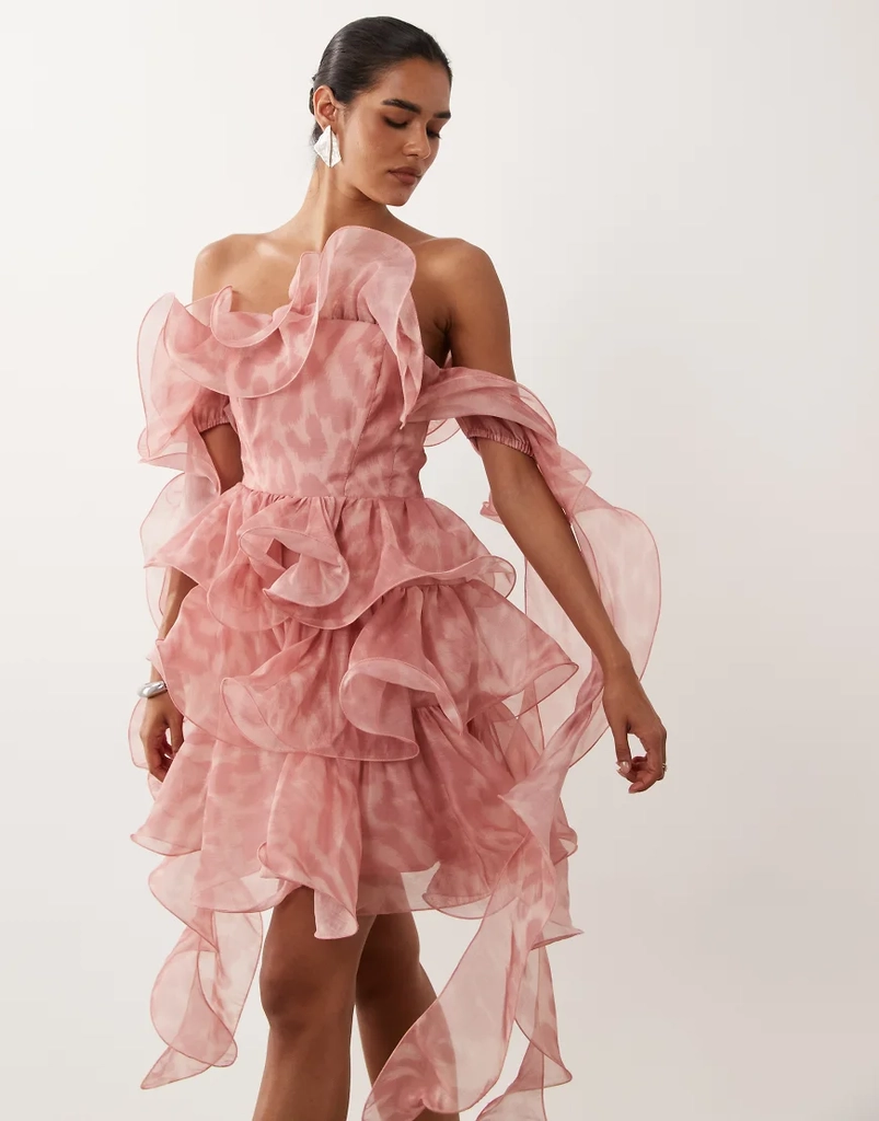 ASOS LUXE Struktureret Organza Minikjole Pink Leopardprint