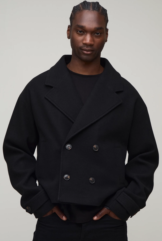 boohooMAN Tall Double Breasted Cropped Melton Overcoat - Black