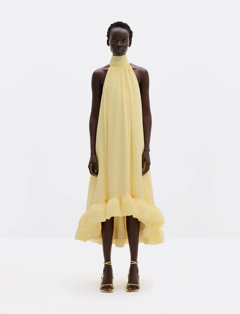 Malina Sabrina Halterneck Ruffled Midi Dress - Yellow - L