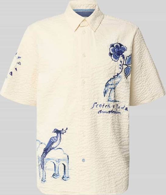 Scotch & Soda Delfts Worked-Out Relaxed-Fit Short-Sleeved Shirt Cream