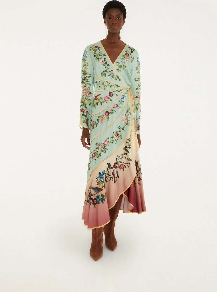 birds tree long sleeve maxi dress