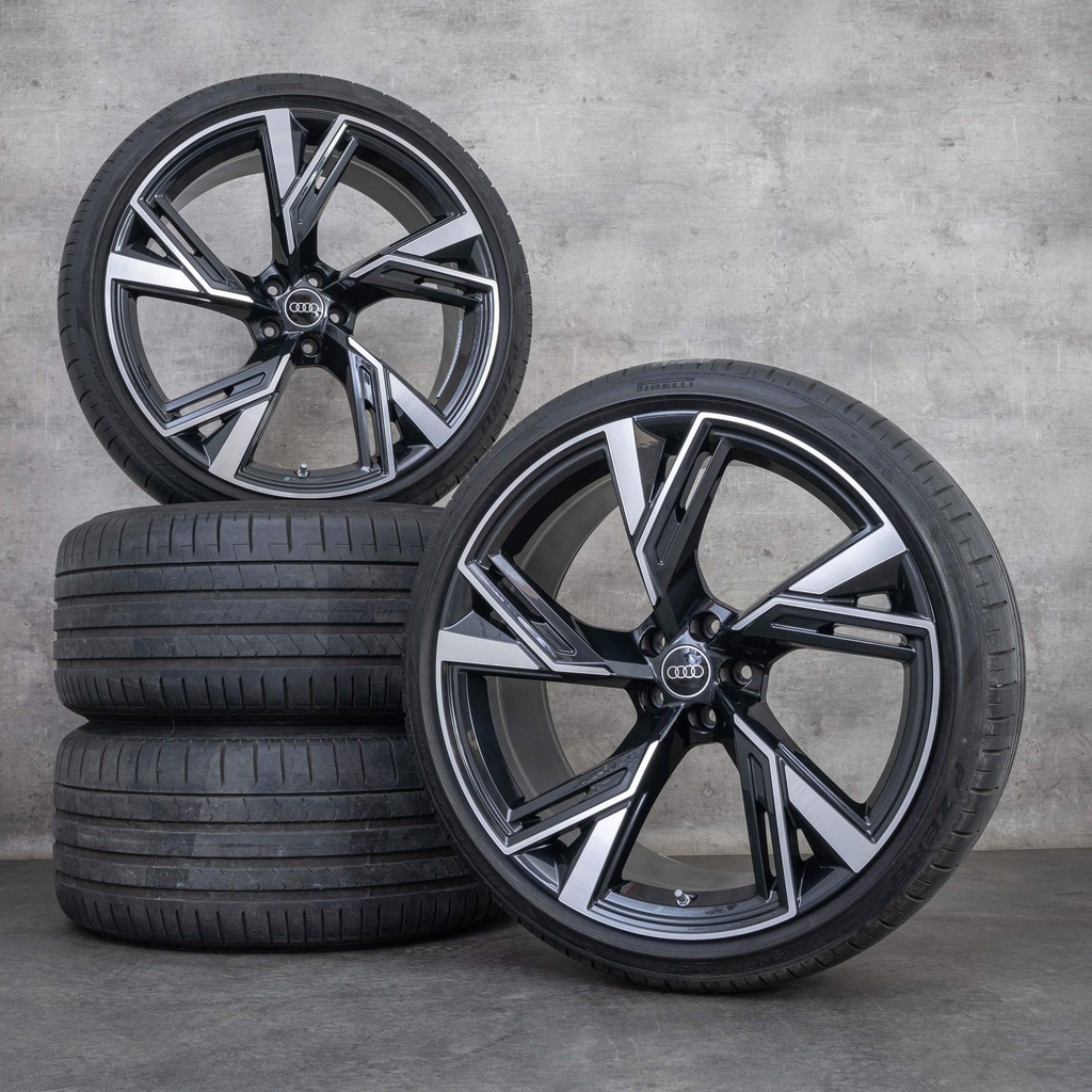 originale audi rs6 rs7 fælge 22 tommer 4k c8 f2 med sommerdæk trapezformede 4k0601025bl granit poleret