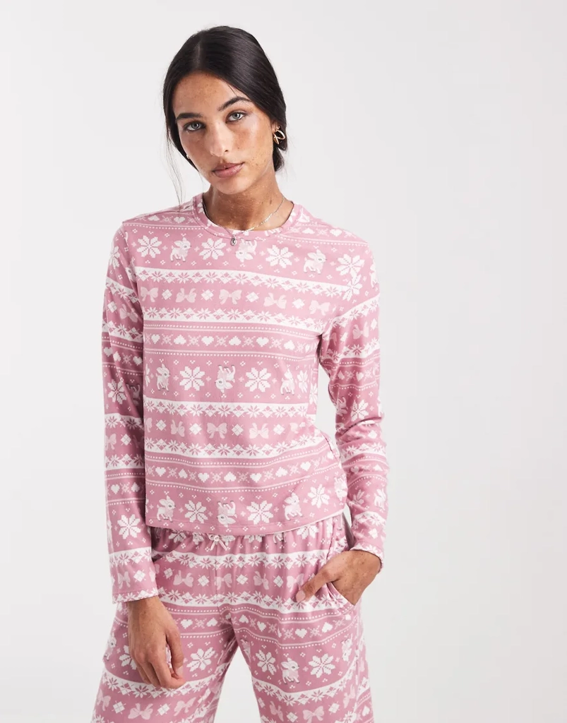 Hollister Pink Langærmet Pyjamastop Dyb Rund Hals Fair Isle-print - Lyserød