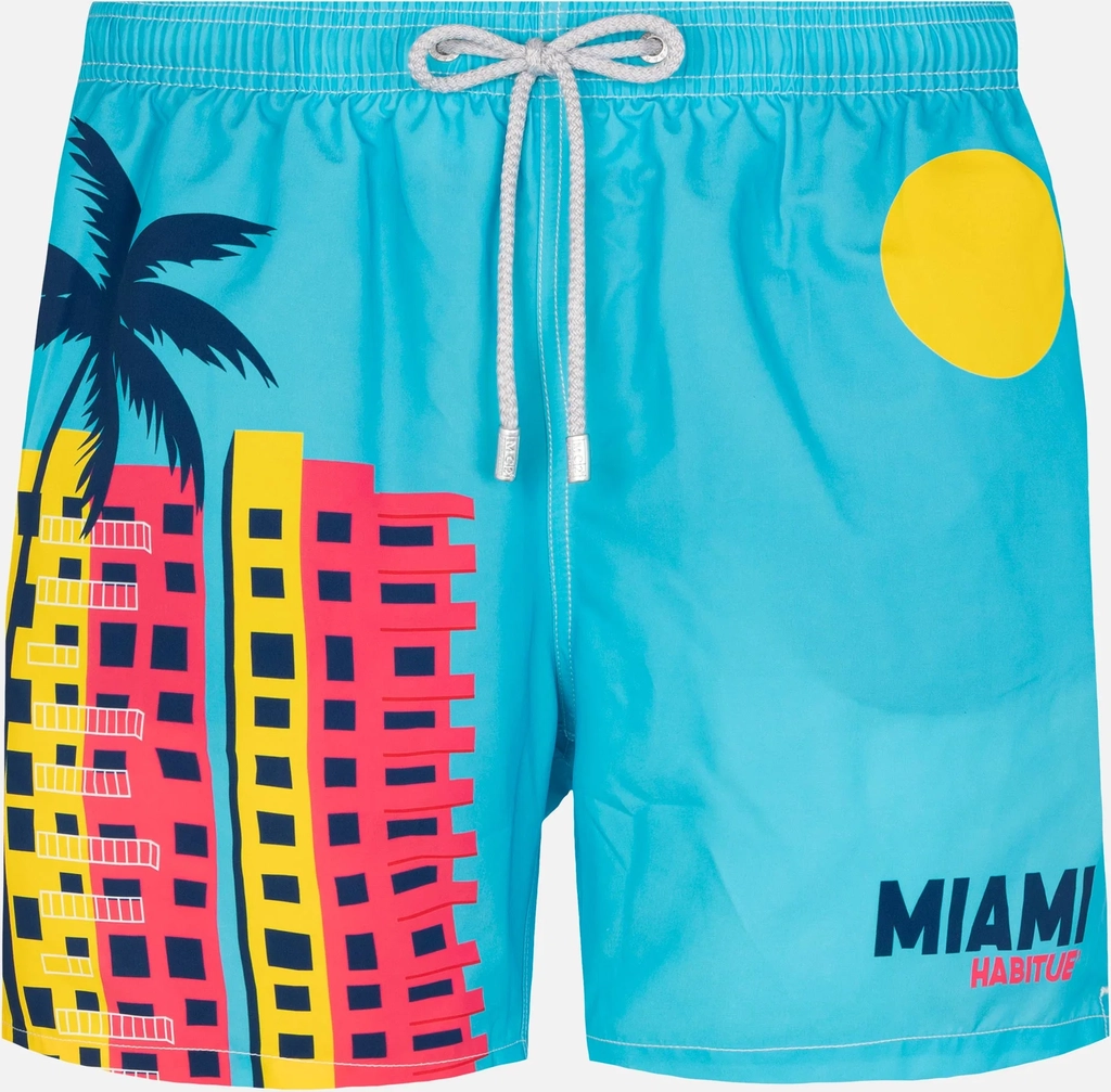 mid-length gustavia swim-shorts with miami postcard placed print