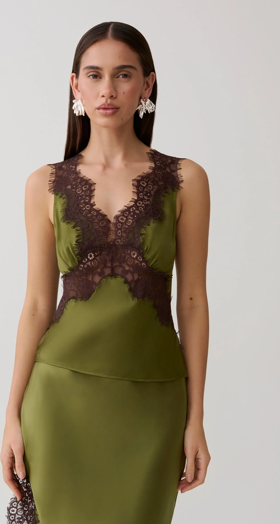 amber satin and lace camisole - olive