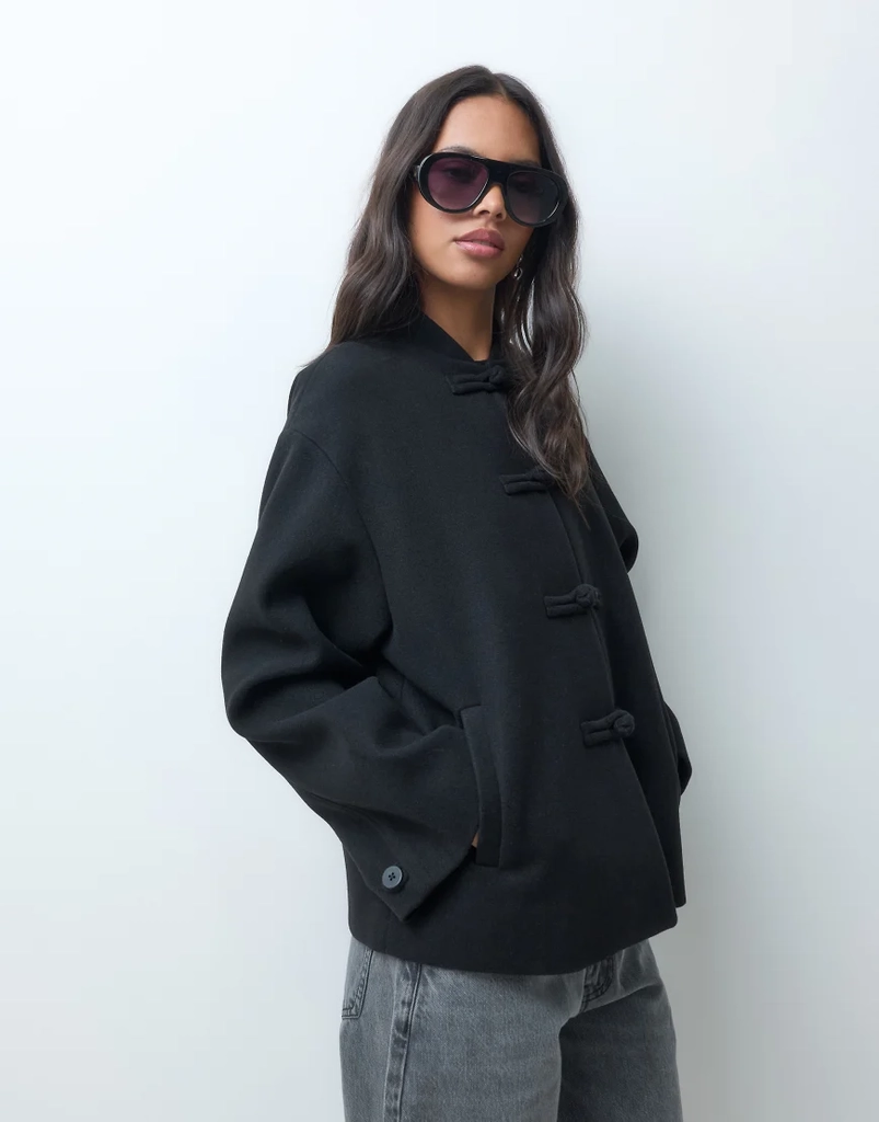 asos design kraveløs formel jakke med frog-lukningstrim i sort