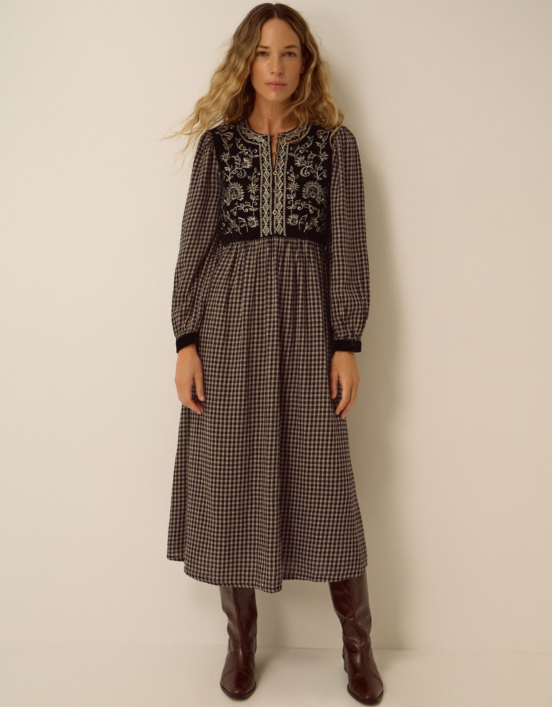 elise embroidered check print midi dress black