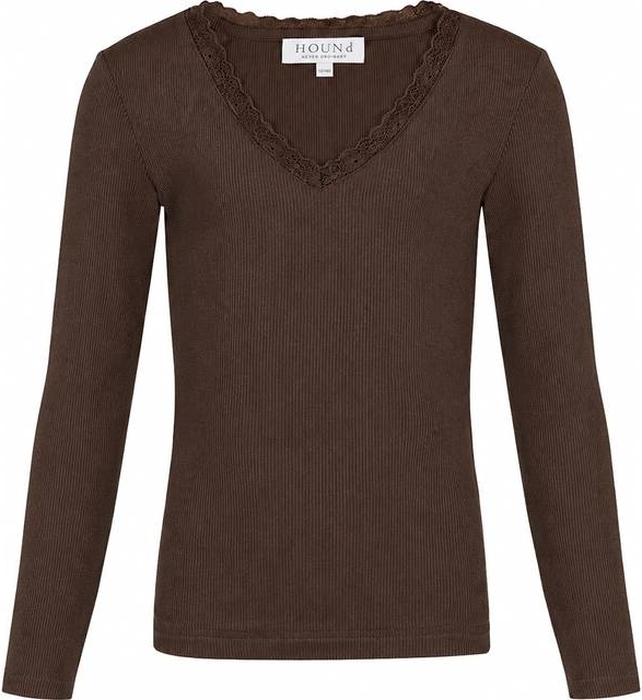 Hound HdLisa Rib Bluse Mørkebrun Blondekant