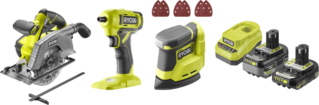 ryobi r18ck3g-242g one+ 18v elværktøjssæt med 2 stk. batteri og lader