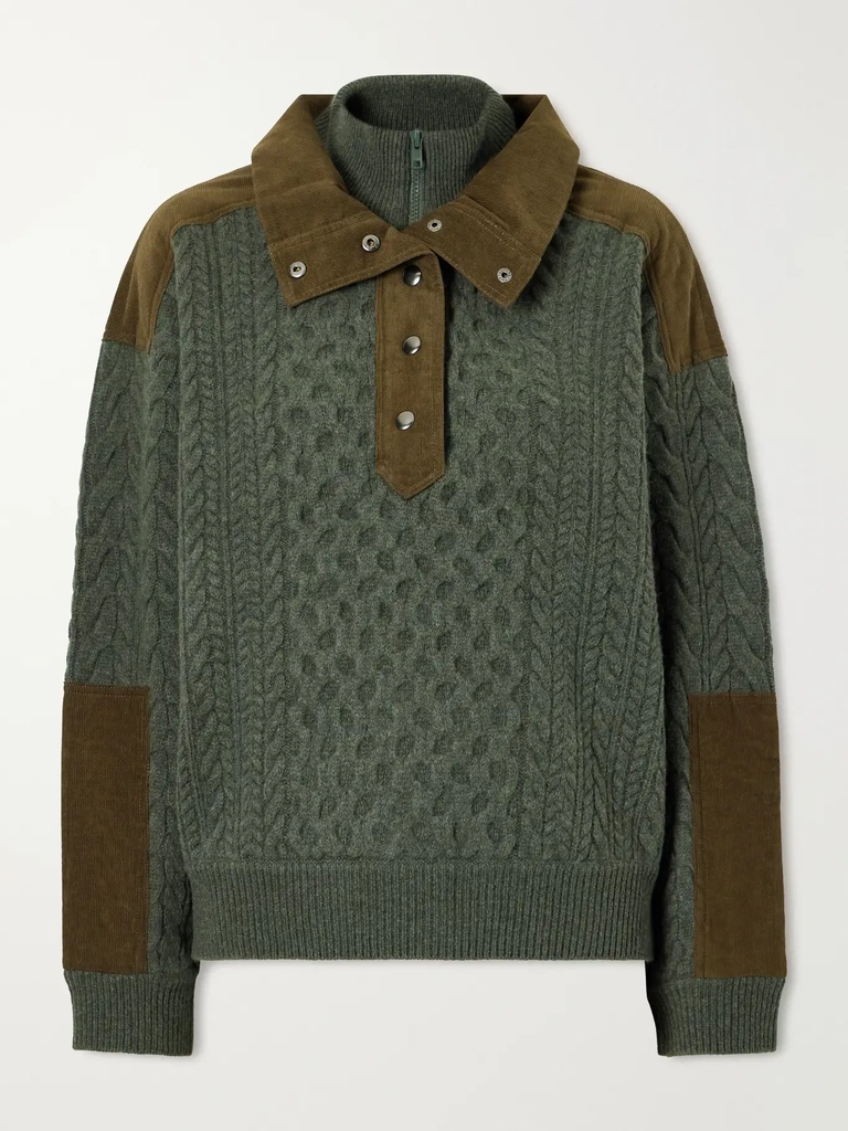 sea allen cotton corduroy-trimmed cable-knit wool sweater