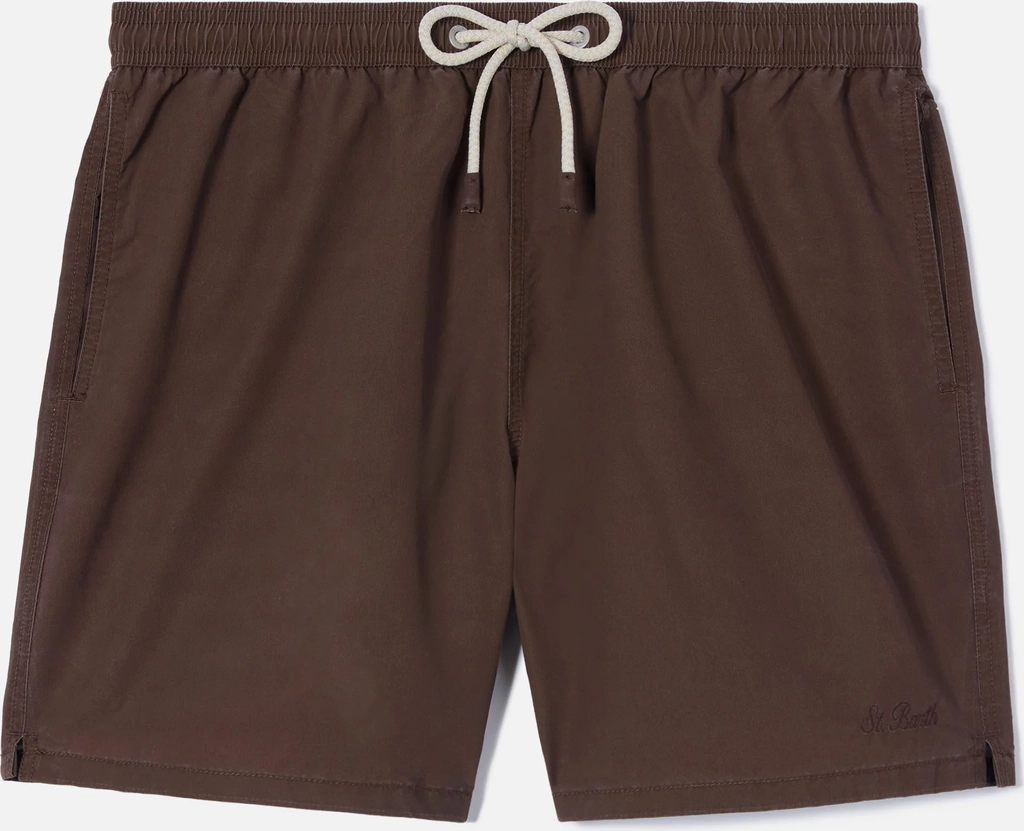 patmos swim shorts in brown with used effect and logo embroidery