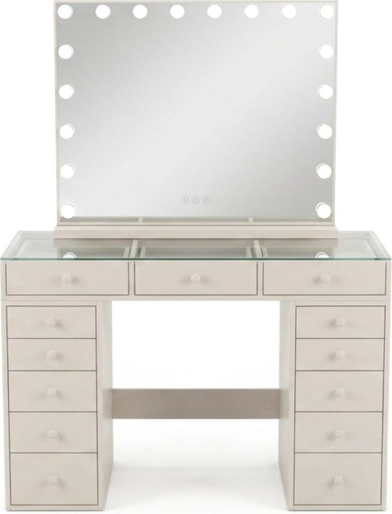 basic home&nbsp;glow sminkebord 120 cm med spejl 80 cm og belysning glasplade opbevaring og skuffer&nbsp;beige