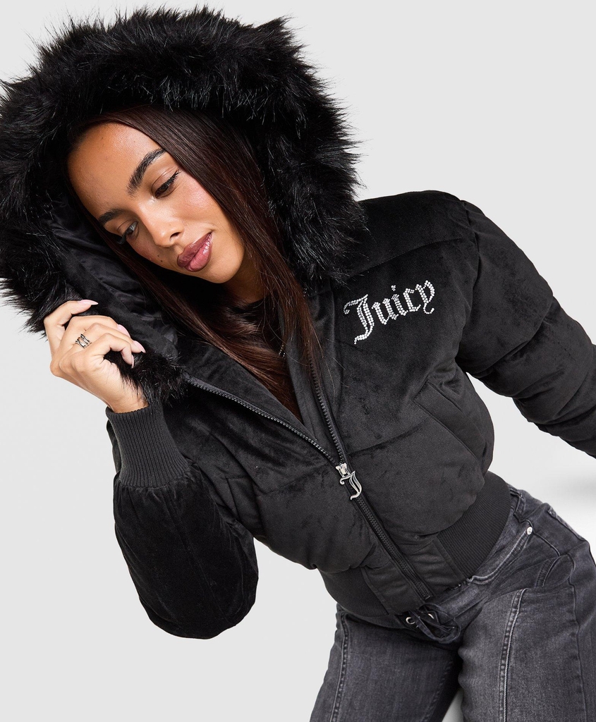 Juicy Couture Diamante Velour Padded Jacket - Sort