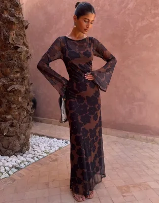 Never Fully Dressed Mesh Long Sleeved Maxi Dress - Brown Poppy Print