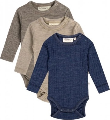 Body Med Lang Ærme Og Rund Hals I 100% Økologisk Merino Uld Til Baby, 3-pak 62 Navy Rib/light Brown