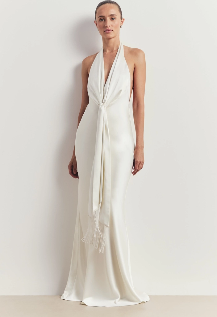 plunging knot detail gown with fringing