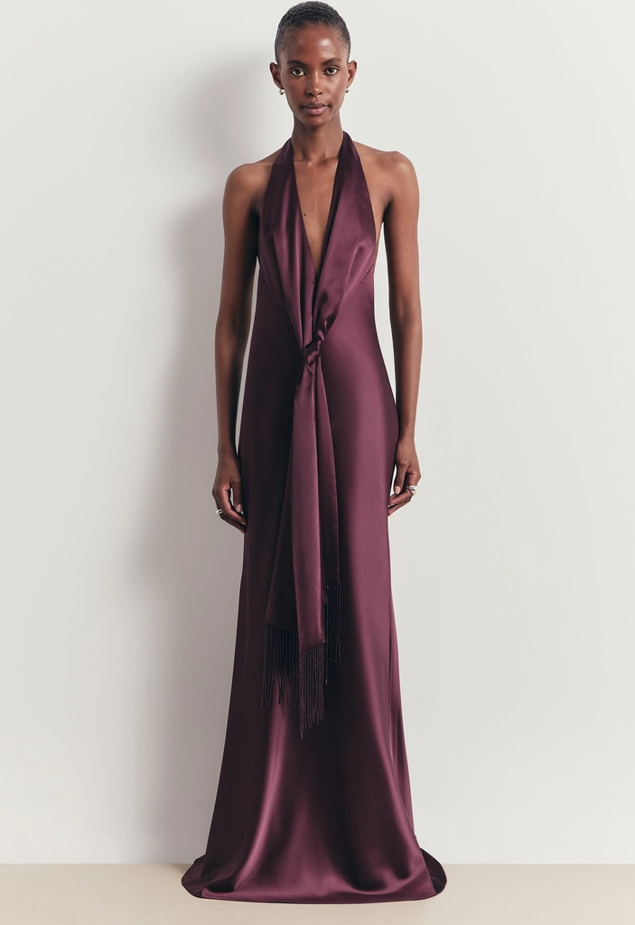 plunging knot detail gown with fringing