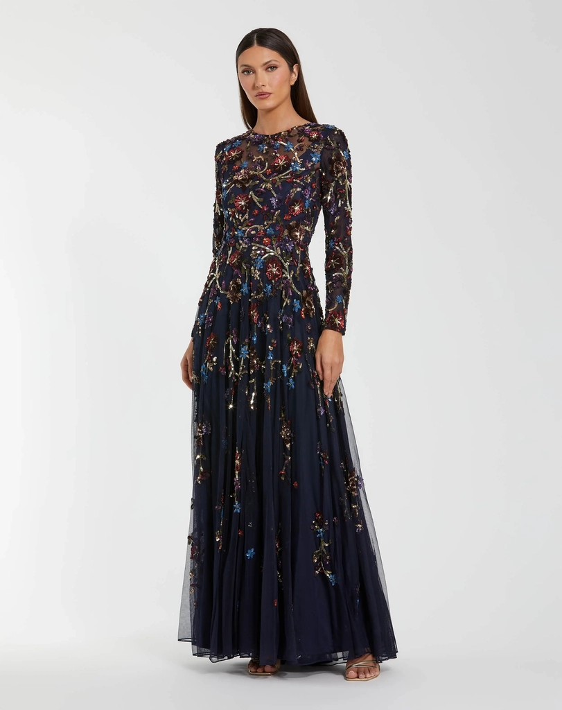 navy beaded long sleeve high neck a-line gown
