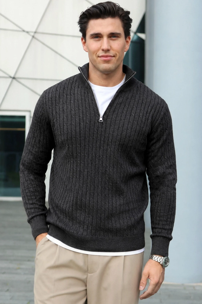 Kronstadt Cable Half Zip Knit - Charcoal Mix