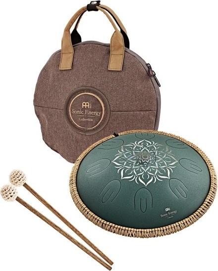 meinl sonic energy 16" octave steel tongue drum, f major, 9 notes, 432 hz, dark green engraved