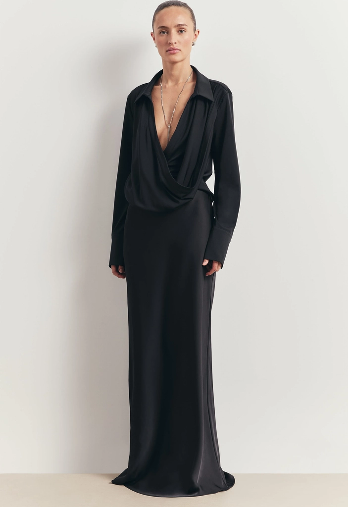 soft draped plunge front shirt - black