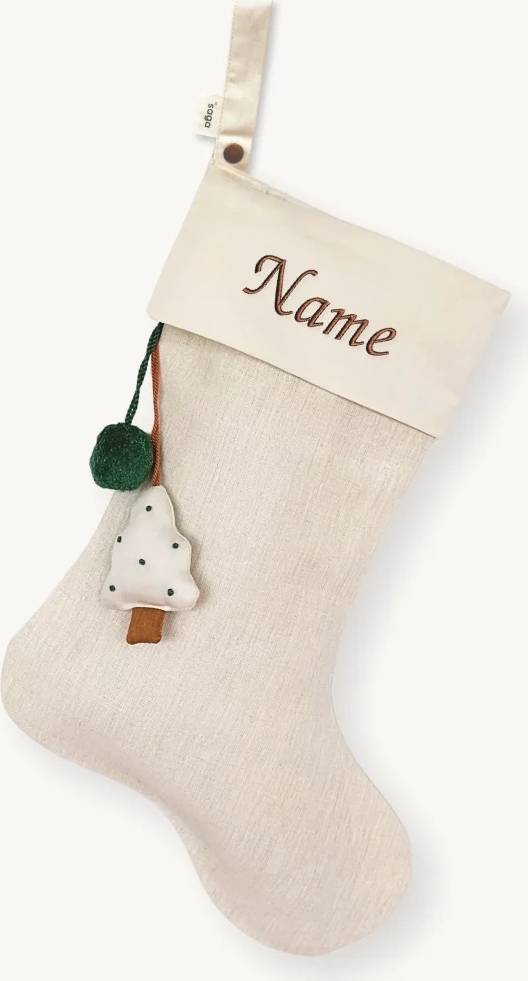 julesok – juletræ – med broderet navn – cinnamon