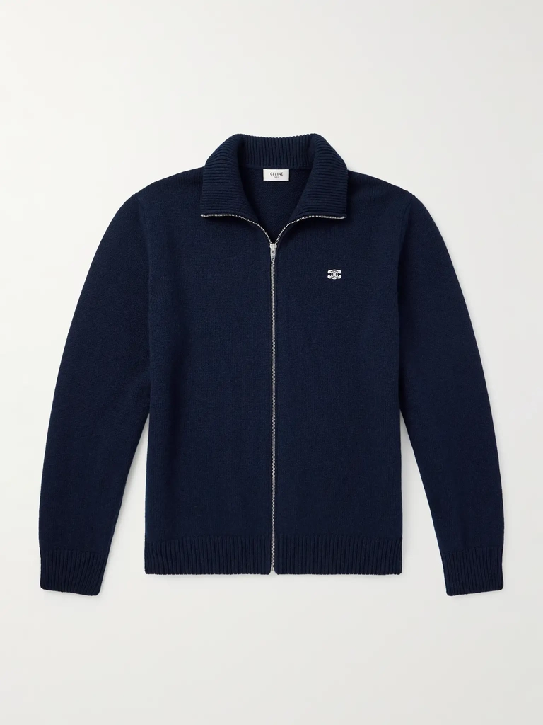 celine logo-embroidered wool and cashmere-blend zip-up cardigan
