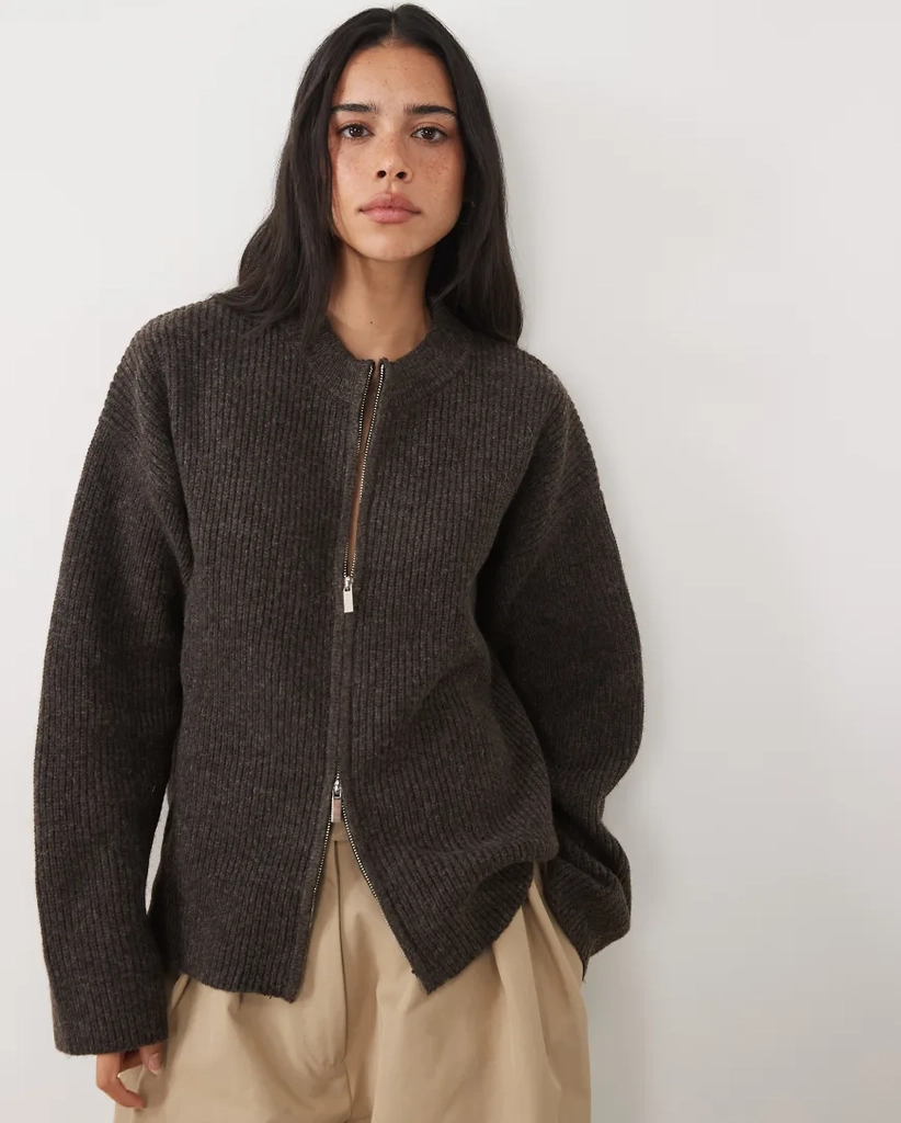 4th & reckless high neck double zip knitted rib jacket in chocolate